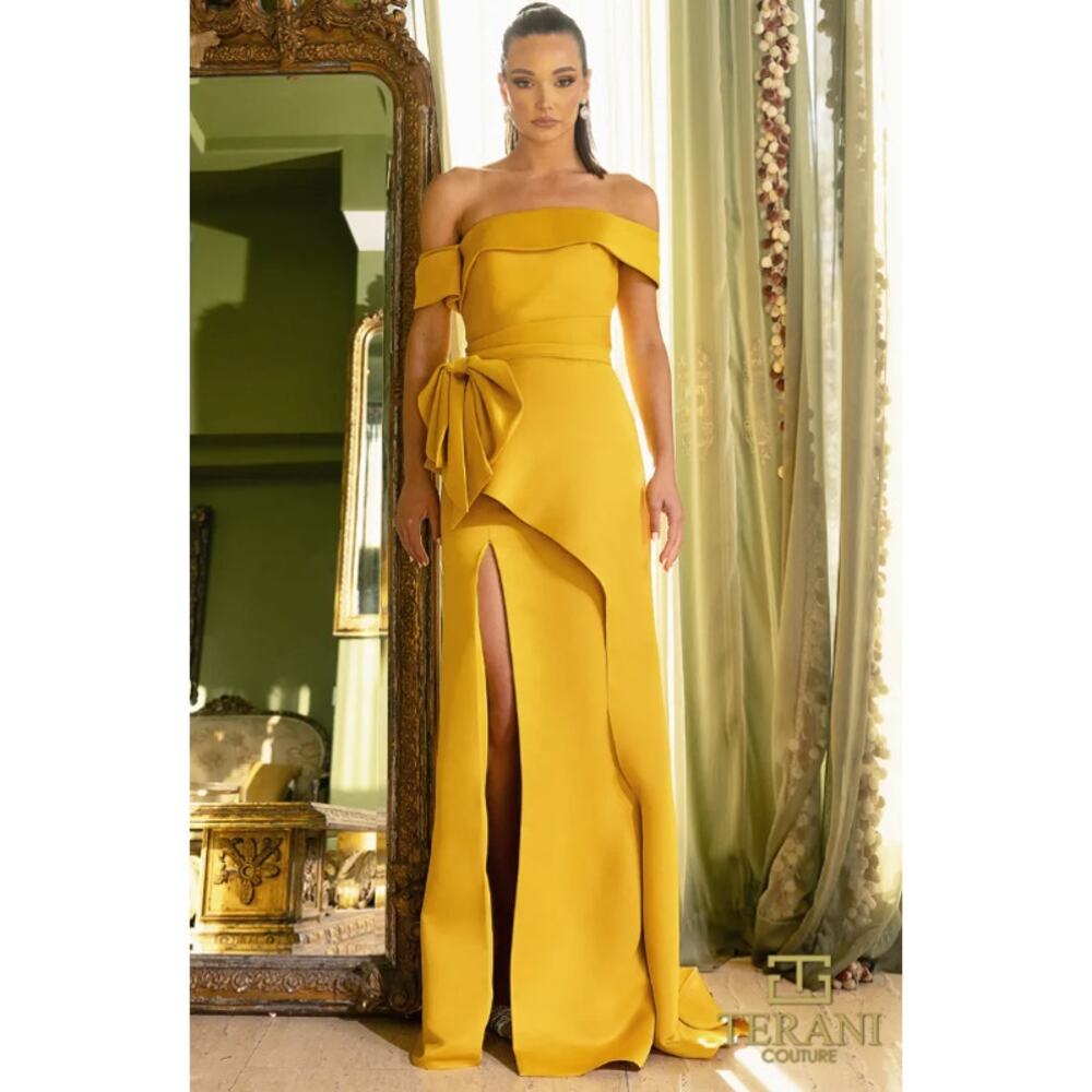 TERANI COUTURE Matte Satin Long Column Dress NWT Gold Harvest Women's 14